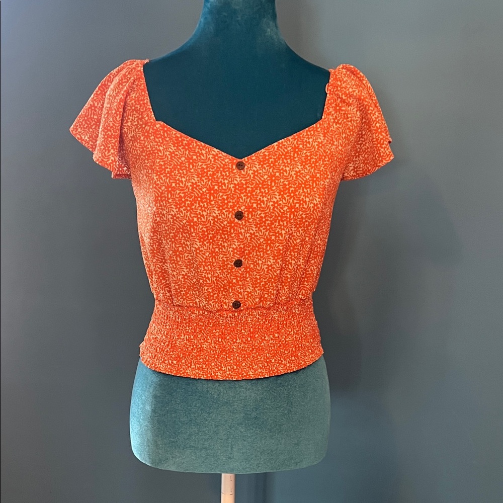 Monteau Orange Floral Blouse with Button Detail